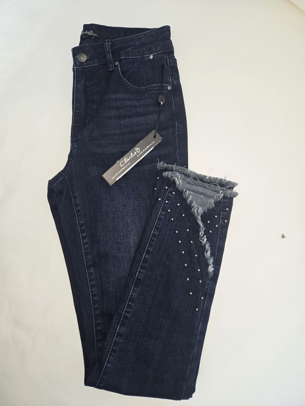 NWT Charlie B Dark Wash Studded Frayed Hem Skinny Jeans Stretch Denim Pants -2